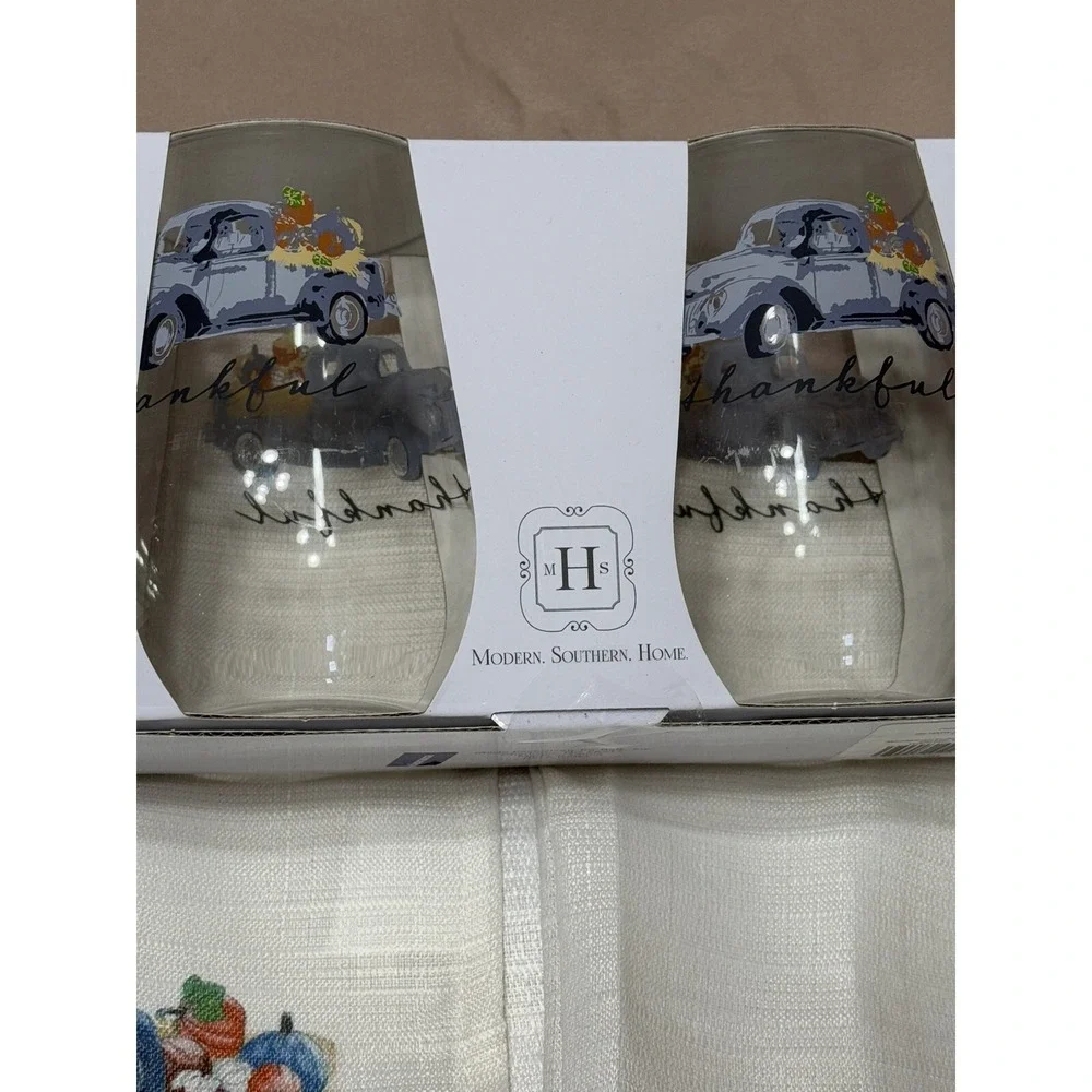 New Modern Southern Home Set Of 2 Stemless Wine Glasses 19oz W/Truck & 2 Napkins